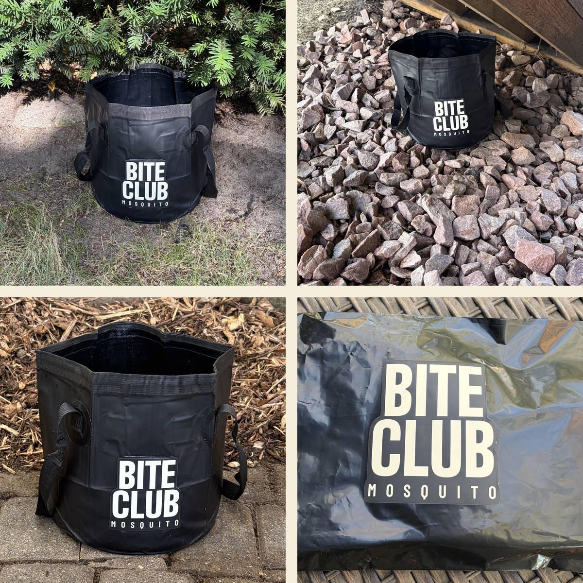 Three Bite Club Mosquito containers in different spots around a yard, and a refill mailer